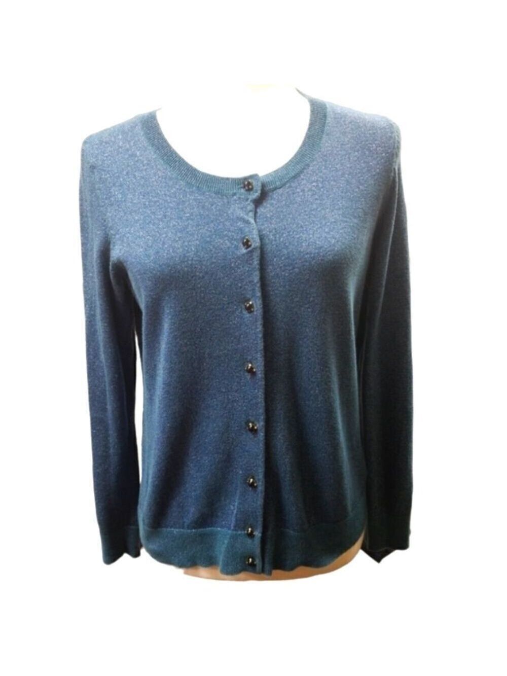 Talbots Metallic Bordeaux Button Down Cardigan Blue Sweater Size Medium